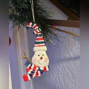 Vintage Blue and red stripes silly hat and scarf snowman face ornament